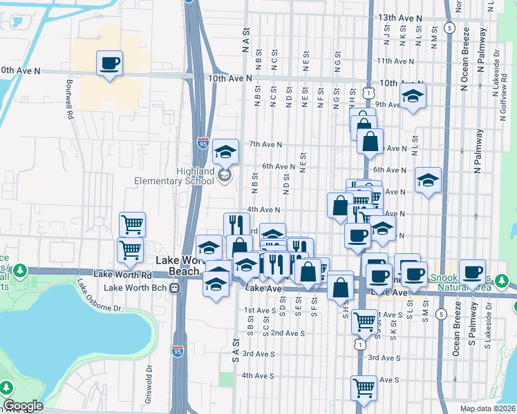 map of restaurants, bars, coffee shops, grocery stores, and more near 402 North B Street in Lake Worth
