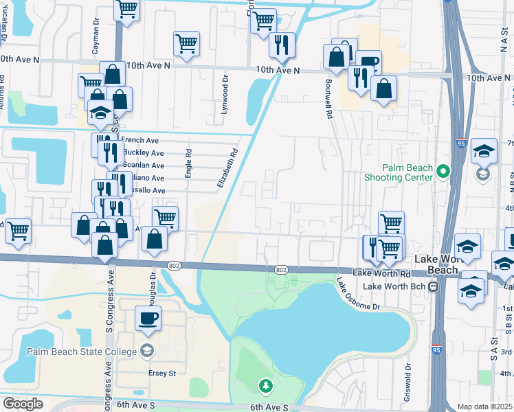 map of restaurants, bars, coffee shops, grocery stores, and more near 2425 2nd Avenue North in Lake Worth