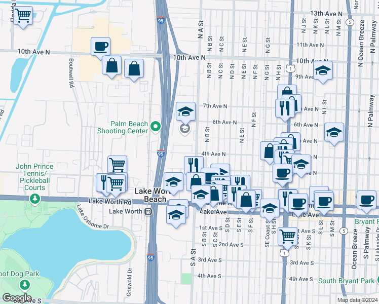 map of restaurants, bars, coffee shops, grocery stores, and more near 2003 4th Avenue North in Lake Worth