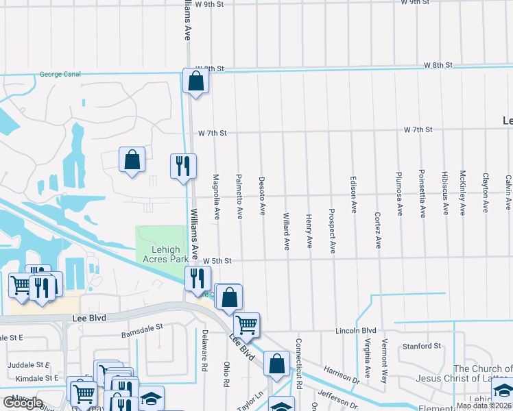 map of restaurants, bars, coffee shops, grocery stores, and more near 521 Desoto Avenue in Lehigh Acres
