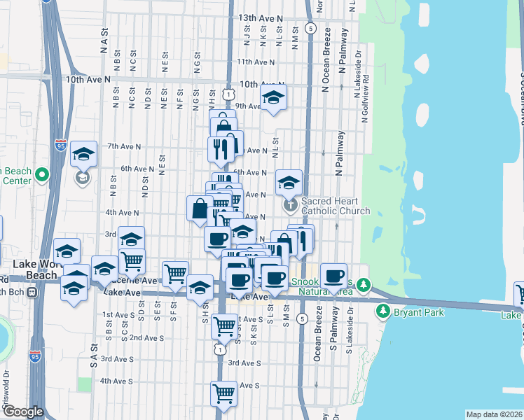 map of restaurants, bars, coffee shops, grocery stores, and more near 406 North K Street in Lake Worth