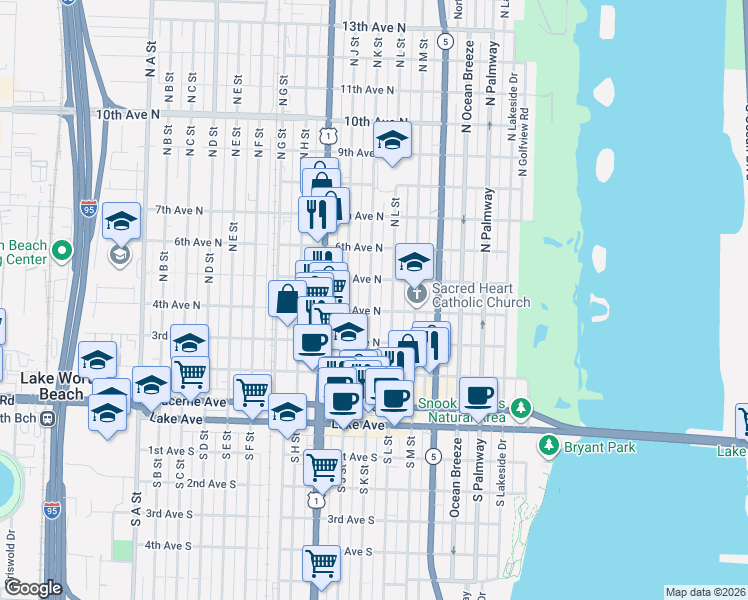 map of restaurants, bars, coffee shops, grocery stores, and more near 406 North K Street in Lake Worth