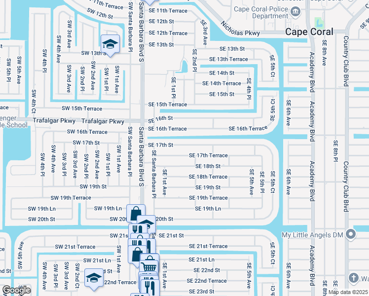 map of restaurants, bars, coffee shops, grocery stores, and more near 156 Southeast 17th Street in Cape Coral