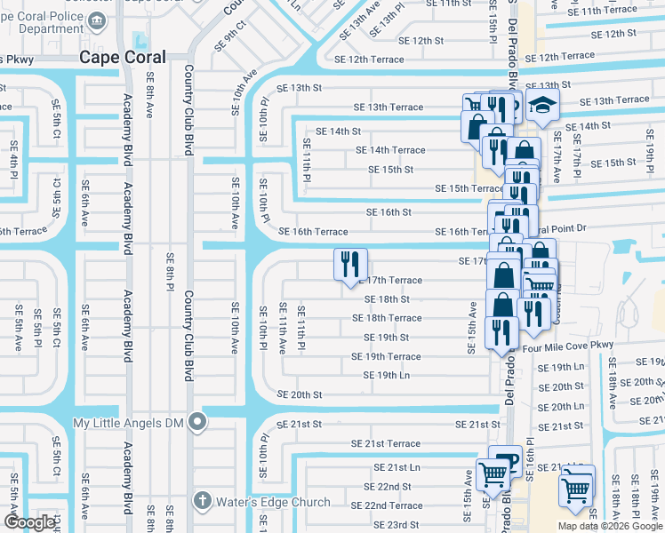 map of restaurants, bars, coffee shops, grocery stores, and more near 1126 Southeast 17th Street in Cape Coral