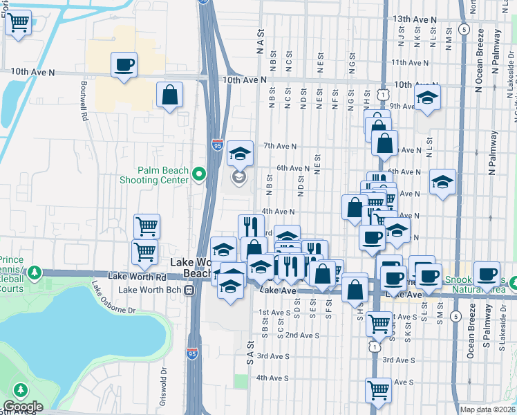 map of restaurants, bars, coffee shops, grocery stores, and more near 402 North B Street in Lake Worth