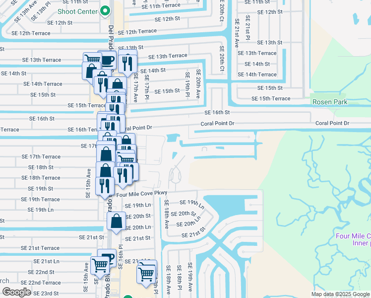 map of restaurants, bars, coffee shops, grocery stores, and more near 1781 Four Mile Cove Parkway in Cape Coral