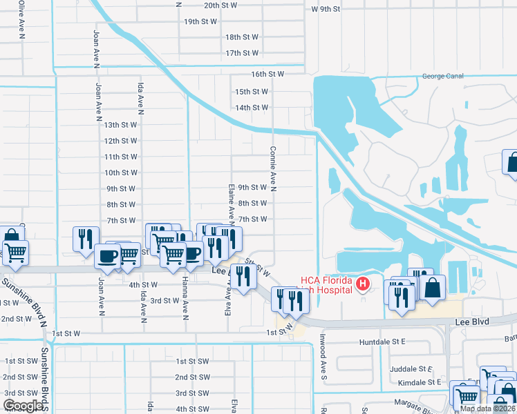 map of restaurants, bars, coffee shops, grocery stores, and more near 2607 8th Street West in Lehigh Acres