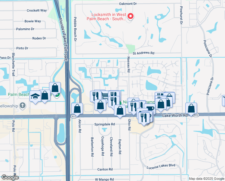 map of restaurants, bars, coffee shops, grocery stores, and more near 3950 Silver Maple Drive in Lake Worth