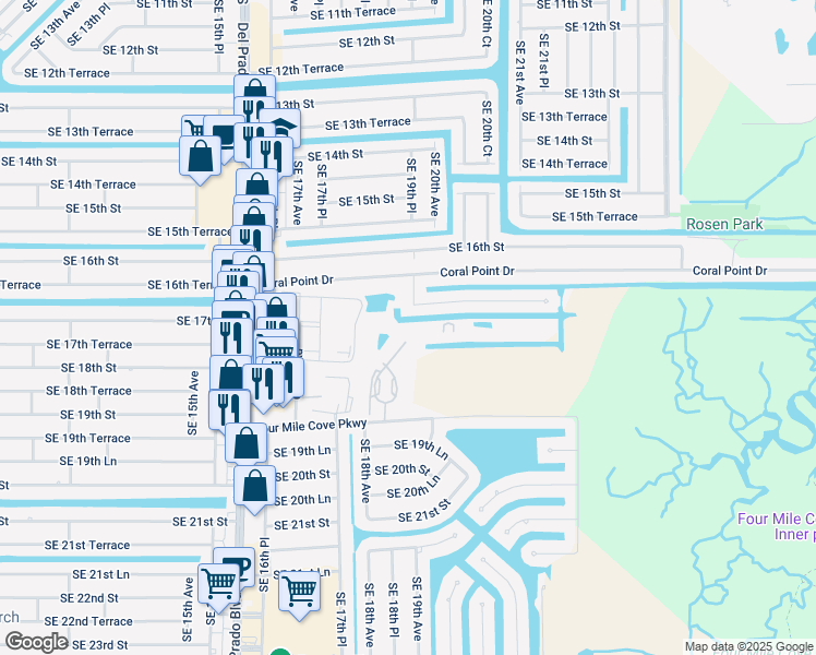 map of restaurants, bars, coffee shops, grocery stores, and more near 1781 Four Mile Cove Parkway in Cape Coral