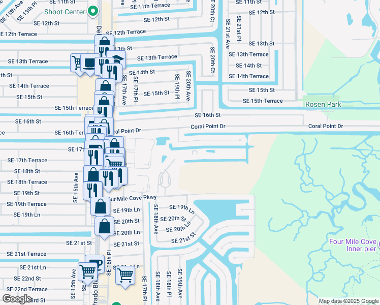 map of restaurants, bars, coffee shops, grocery stores, and more near 1789 Four Mile Cove Parkway in Cape Coral