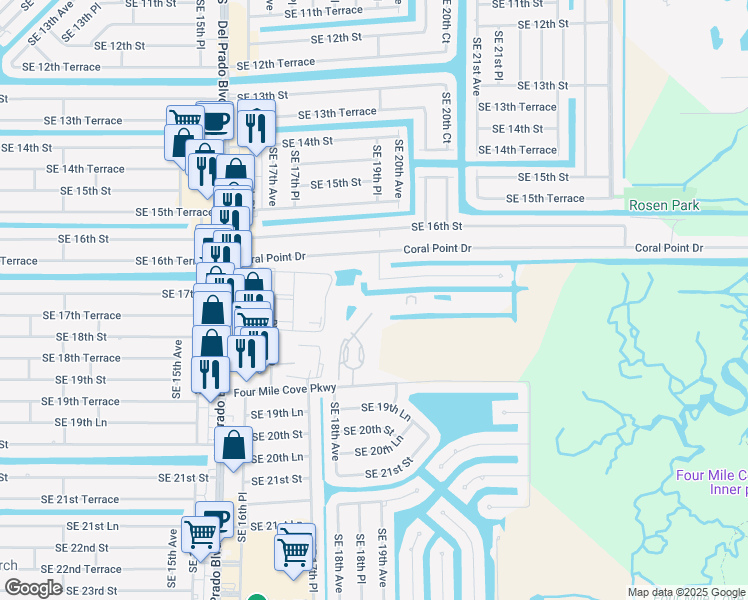 map of restaurants, bars, coffee shops, grocery stores, and more near 1781 Four Mile Cove Parkway in Cape Coral