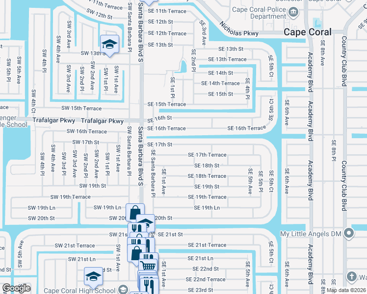 map of restaurants, bars, coffee shops, grocery stores, and more near 156 Southeast 17th Street in Cape Coral