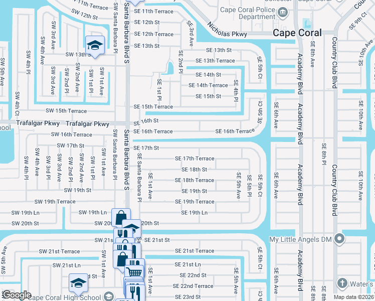 map of restaurants, bars, coffee shops, grocery stores, and more near 208 Southeast 17th Street in Cape Coral
