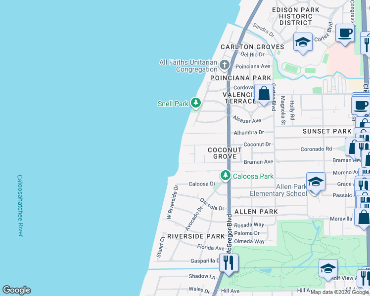 map of restaurants, bars, coffee shops, grocery stores, and more near 1212 Coconut Drive in Fort Myers