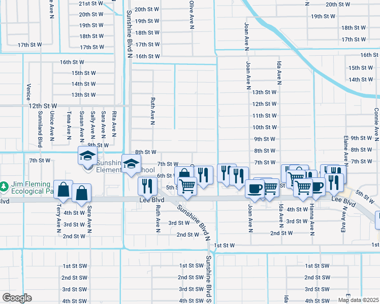 map of restaurants, bars, coffee shops, grocery stores, and more near 3203 8th Street West in Lehigh Acres