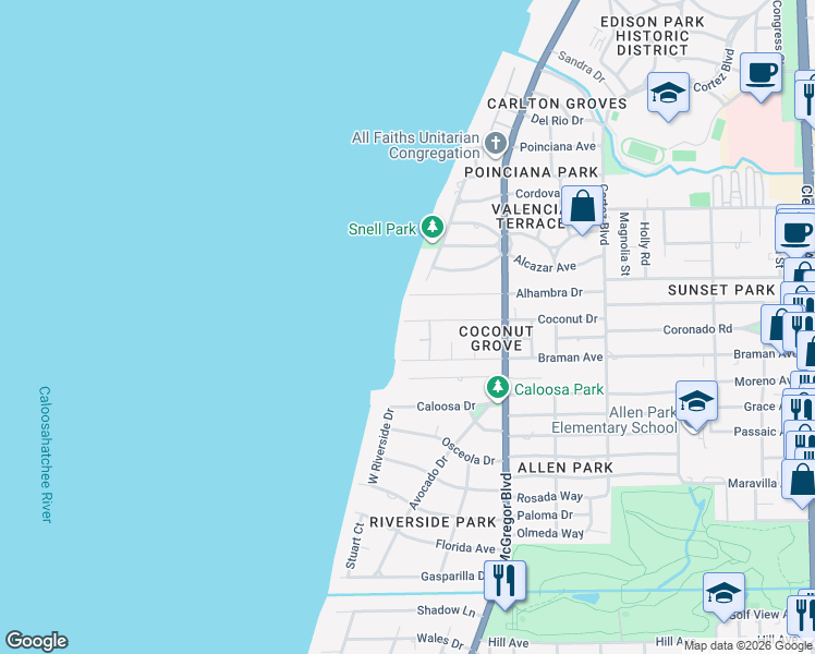 map of restaurants, bars, coffee shops, grocery stores, and more near 1212 Coconut Drive in Fort Myers
