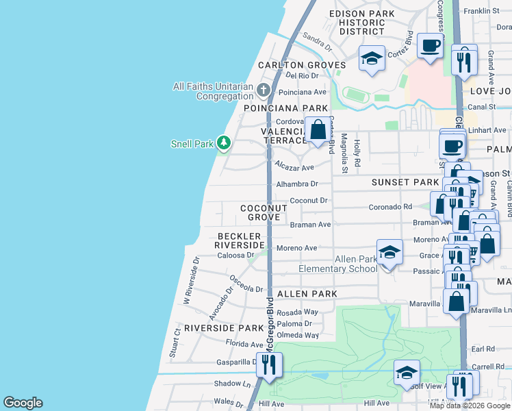 map of restaurants, bars, coffee shops, grocery stores, and more near 1352 Coconut Drive in Fort Myers