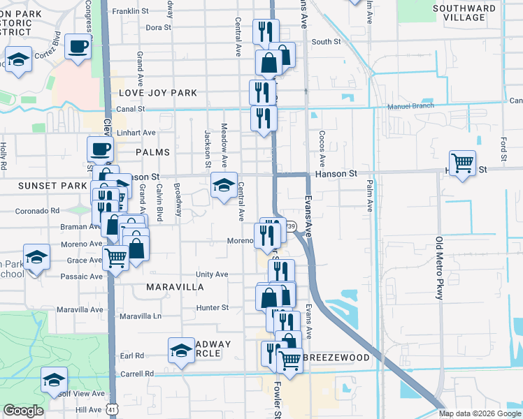 map of restaurants, bars, coffee shops, grocery stores, and more near 3078 Fowler Street in Fort Myers