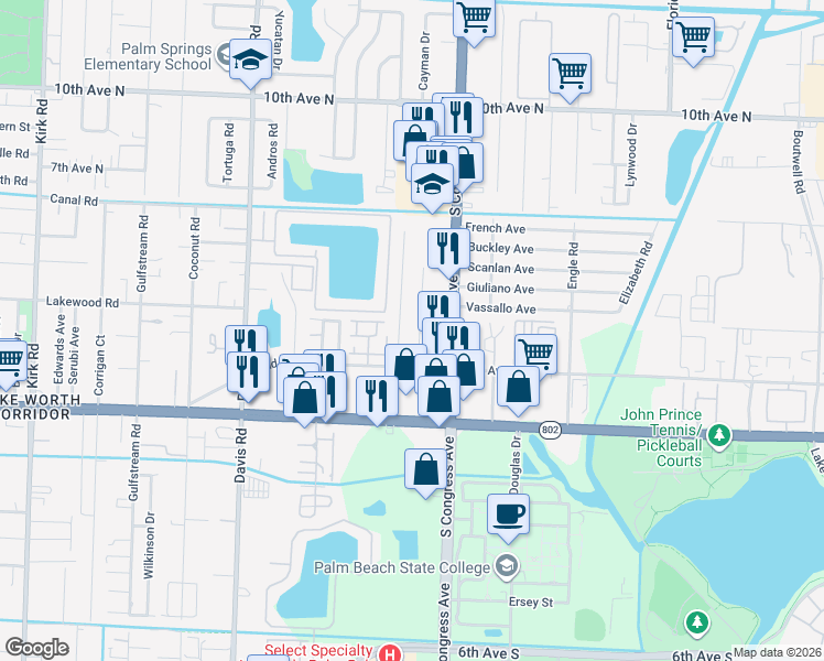 map of restaurants, bars, coffee shops, grocery stores, and more near 3800 Elizabeth Street in Palm Springs