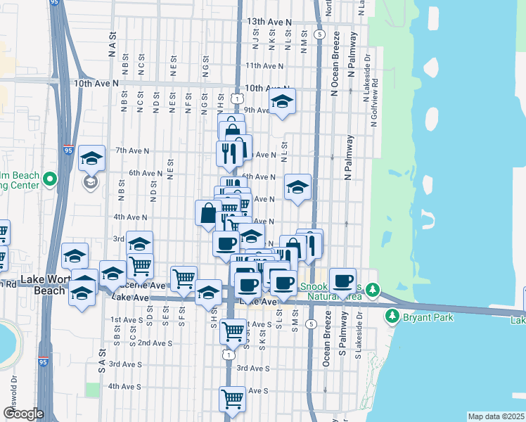 map of restaurants, bars, coffee shops, grocery stores, and more near 406 North K Street in Lake Worth