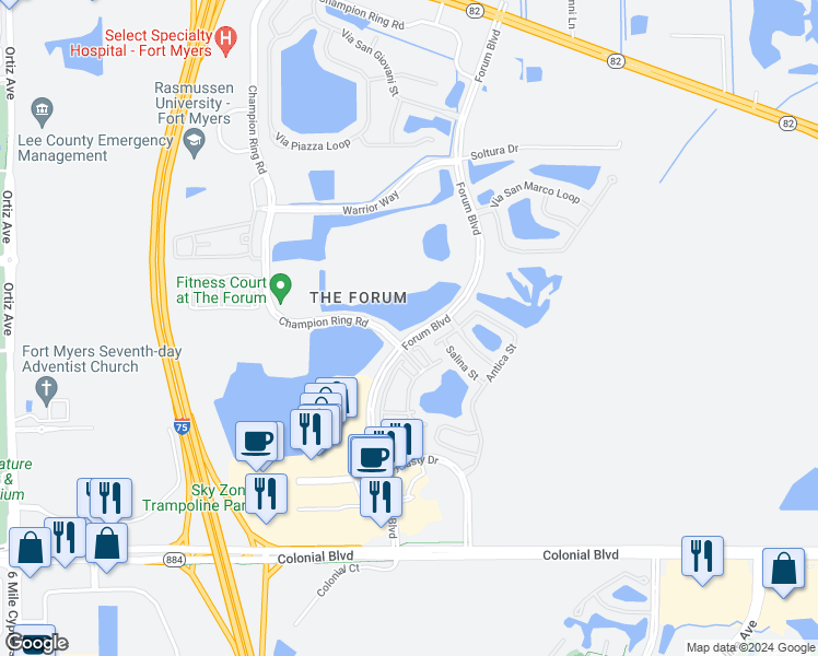 map of restaurants, bars, coffee shops, grocery stores, and more near 3142 Forum Boulevard in Fort Myers