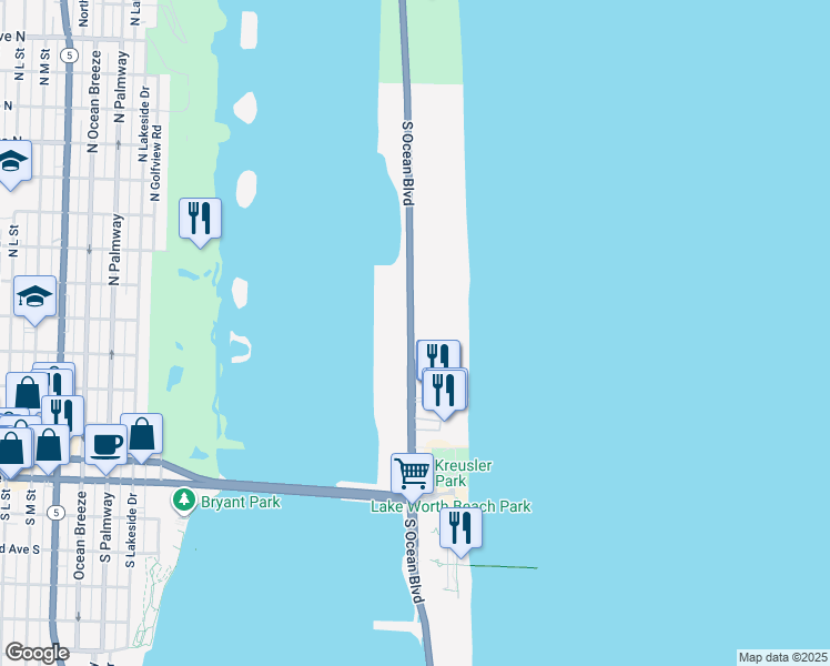 map of restaurants, bars, coffee shops, grocery stores, and more near 2774 South Ocean Boulevard in Palm Beach