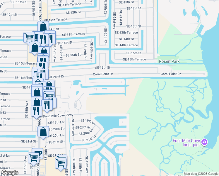 map of restaurants, bars, coffee shops, grocery stores, and more near 1795 Four Mile Cove Parkway in Cape Coral