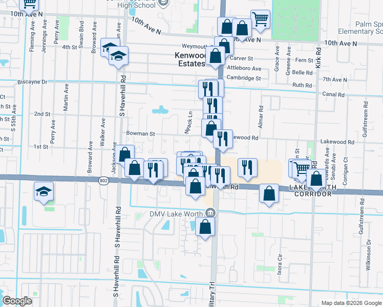 map of restaurants, bars, coffee shops, grocery stores, and more near 3774 Mil-Stream Court in Greenacres