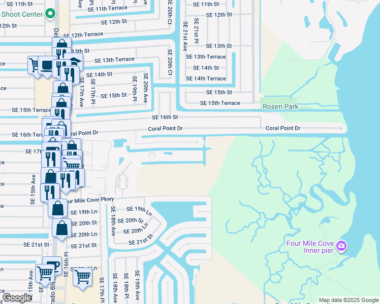 map of restaurants, bars, coffee shops, grocery stores, and more near 1795 Four Mile Cove Parkway in Cape Coral