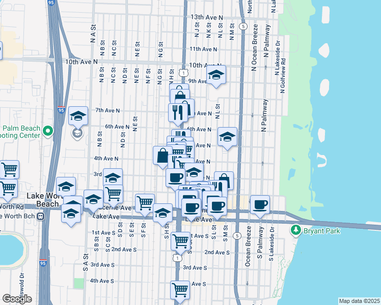 map of restaurants, bars, coffee shops, grocery stores, and more near 401 North J Street in Lake Worth