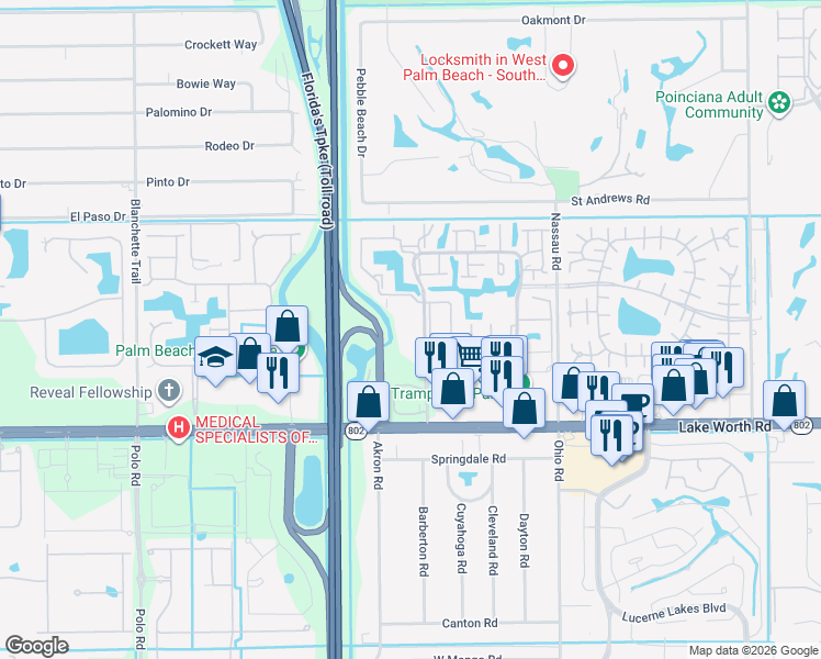 map of restaurants, bars, coffee shops, grocery stores, and more near 3877 Hadjes Drive in Lake Worth