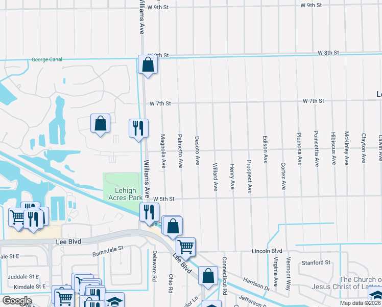 map of restaurants, bars, coffee shops, grocery stores, and more near 521 Desoto Avenue in Lehigh Acres