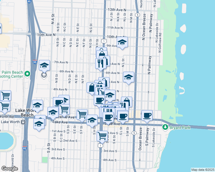 map of restaurants, bars, coffee shops, grocery stores, and more near 401 North J Street in Lake Worth