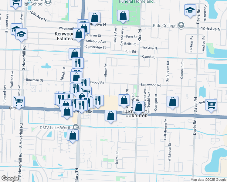 map of restaurants, bars, coffee shops, grocery stores, and more near 3813 42nd Avenue South in Lake Worth