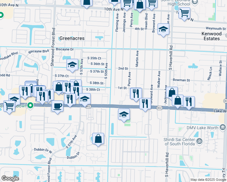 map of restaurants, bars, coffee shops, grocery stores, and more near 129 Fleming Avenue in Greenacres