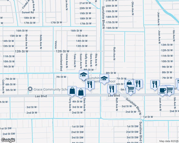 map of restaurants, bars, coffee shops, grocery stores, and more near 3409 9th Street West in Lehigh Acres