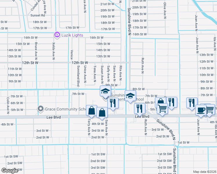 map of restaurants, bars, coffee shops, grocery stores, and more near 3413 9th Street West in Lehigh Acres