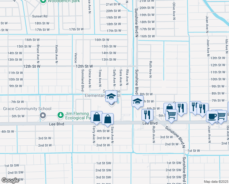 map of restaurants, bars, coffee shops, grocery stores, and more near 3413 9th Street West in Lehigh Acres