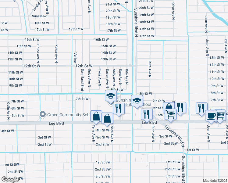 map of restaurants, bars, coffee shops, grocery stores, and more near 3409 9th Street West in Lehigh Acres