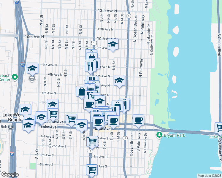 map of restaurants, bars, coffee shops, grocery stores, and more near 406 North K Street in Lake Worth