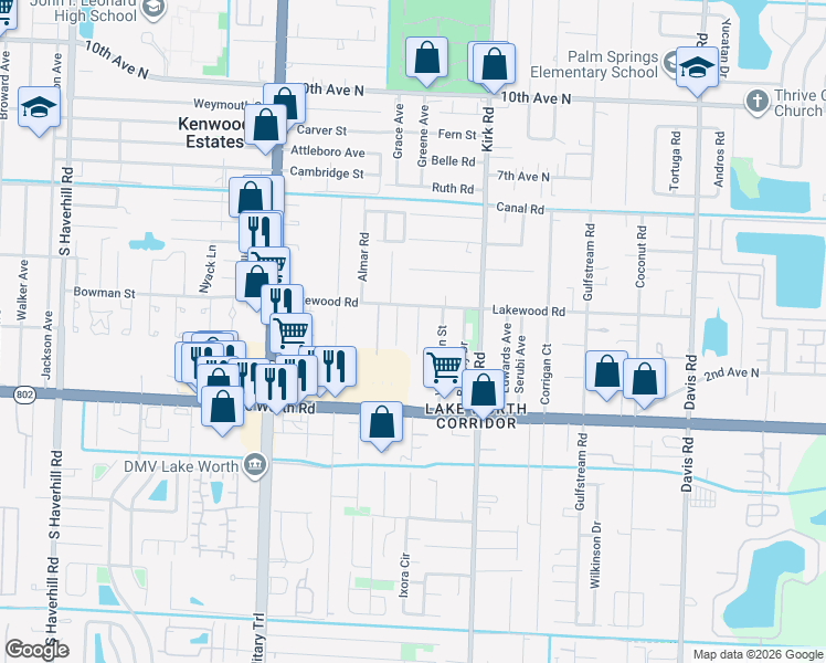 map of restaurants, bars, coffee shops, grocery stores, and more near 3840 Kenyon Road in Lake Worth