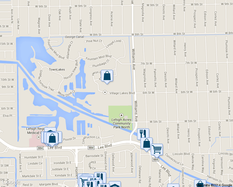 map of restaurants, bars, coffee shops, grocery stores, and more near 1145 Village Lakes Boulevard in Lehigh Acres