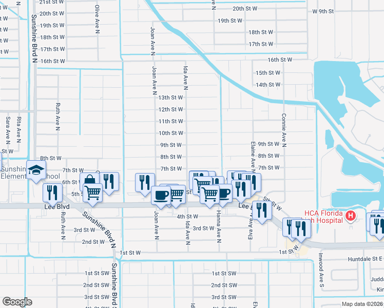 map of restaurants, bars, coffee shops, grocery stores, and more near 2818 8th Street West in Lehigh Acres