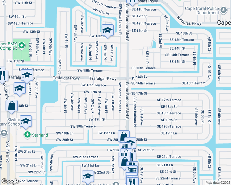 map of restaurants, bars, coffee shops, grocery stores, and more near 1631 Southwest 1st Avenue in Cape Coral