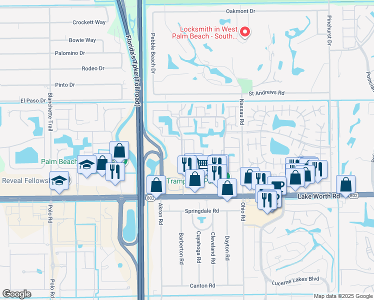 map of restaurants, bars, coffee shops, grocery stores, and more near 3877 Hadjes Drive in Lake Worth