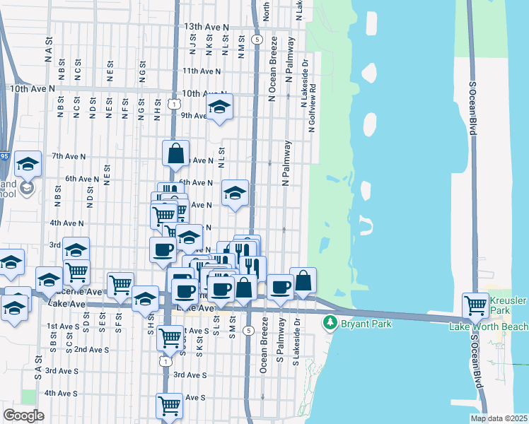 map of restaurants, bars, coffee shops, grocery stores, and more near 427 North O Street in Lake Worth