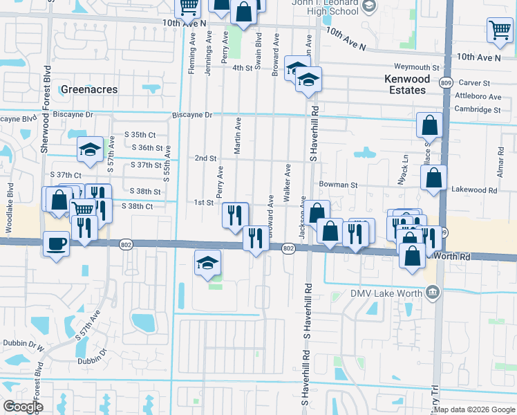 map of restaurants, bars, coffee shops, grocery stores, and more near 137 Swain Boulevard in Greenacres