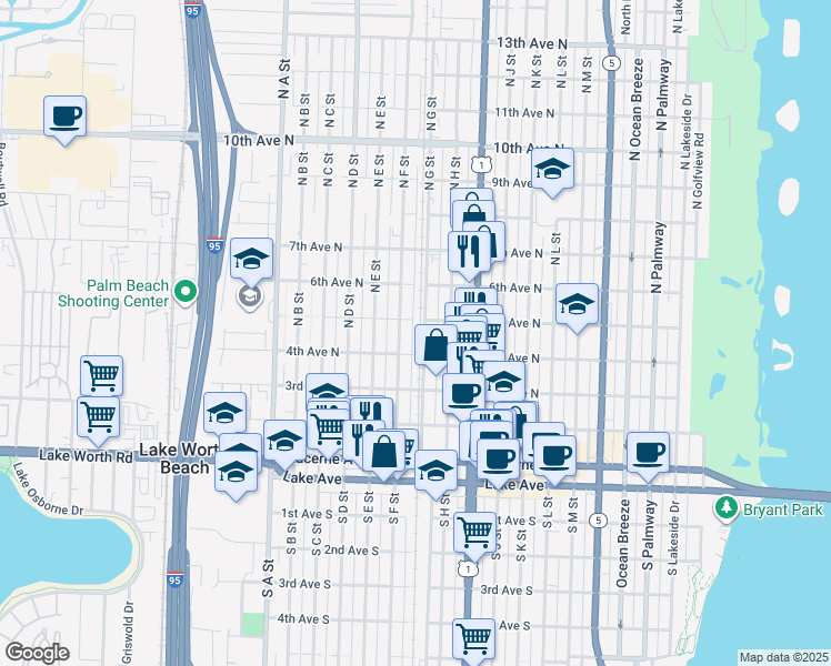 map of restaurants, bars, coffee shops, grocery stores, and more near 1103 4th Avenue North in Lake Worth