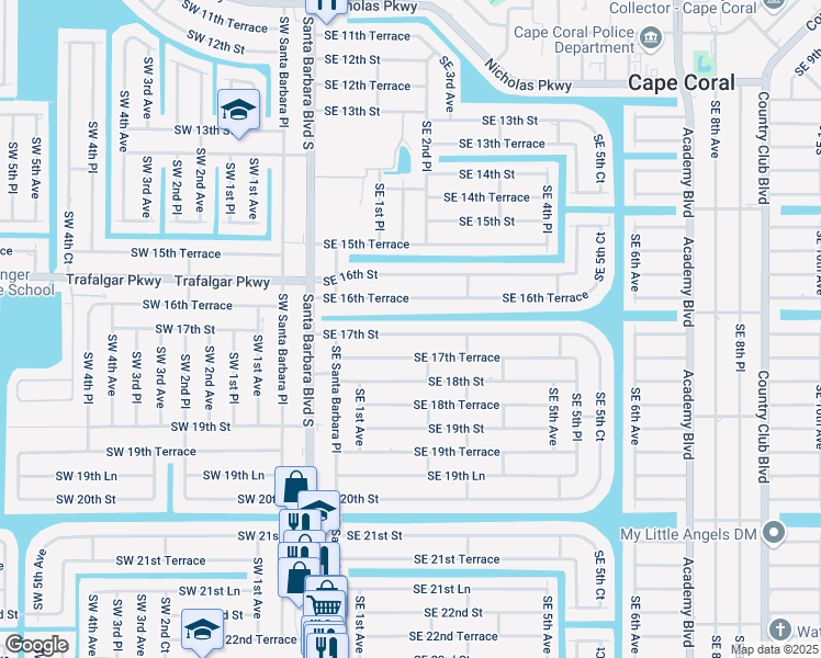 map of restaurants, bars, coffee shops, grocery stores, and more near 156 Southeast 17th Street in Cape Coral