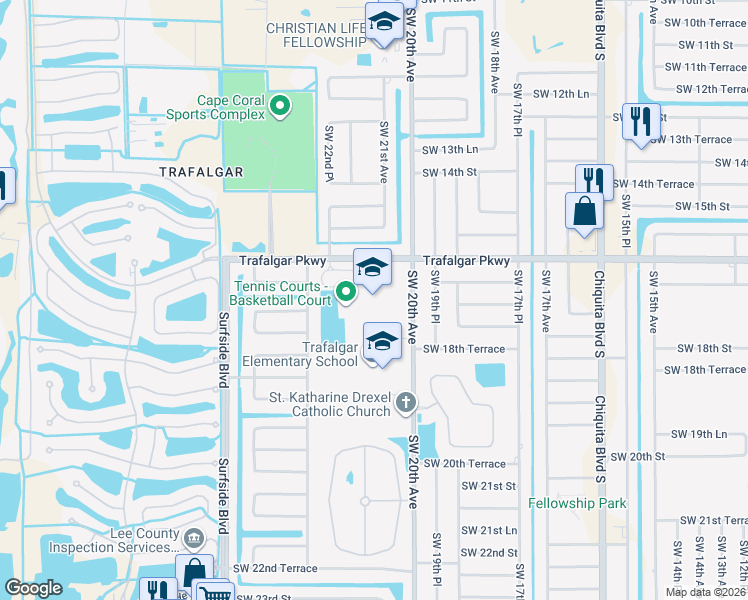 map of restaurants, bars, coffee shops, grocery stores, and more near 2120 Trafalgar Parkway in Cape Coral